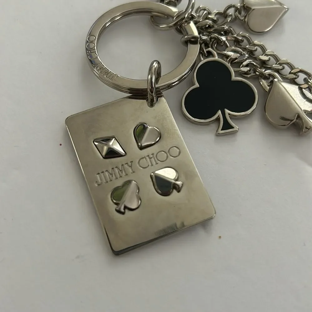 NWOT Jimmy Choo Key Chain Bag Charm Silver Queen Of Hearts Poker Themed